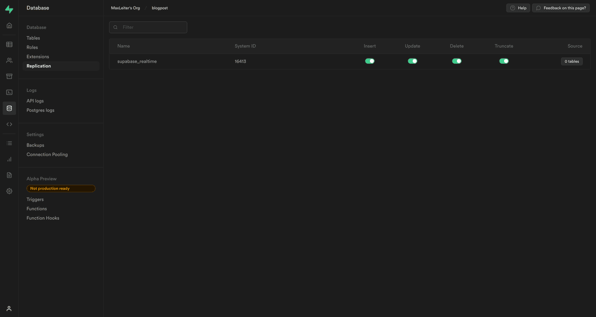 A screenshot of the empty replication page, showing prepopulated a supabase_realtime row